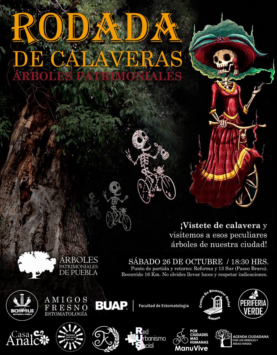 Prepárate ¡Ya se acerca!!! 
#RodadaDeCalaveras por los #ÁrbolesPatrimoniales
😀💀💀💀💀🚴‍♀️🚴🌳🌳🌳

Con <a href="/Biciopolis1/">Biciopolis....</a> <a href="/FEstomaBUAP/">Estomatología BUAP</a> <a href="/periferiaverde/">periferiaverde</a> <a href="/CasaAnalco/">Casa Analco FABUAP</a> @MujeresConstr <a href="/agenda_caav/">Agenda Ciudadana por los Árboles y Áreas Verdes</a>
