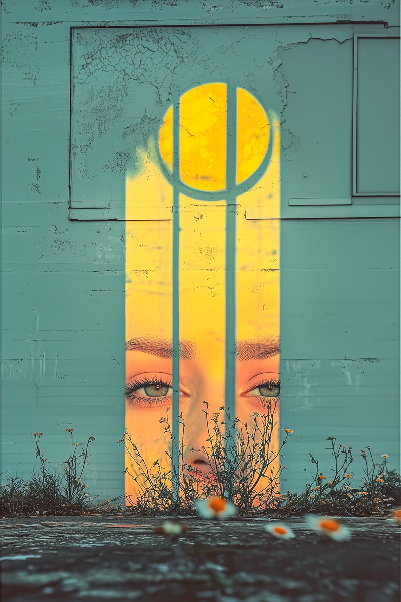 A symbol of hope and optimism, with light breaking through a weathered wall, illuminating a face hidden in shadows. The glowing path and blooming flowers reflect the promise of better days ahead, even after struggles, there is always light at the end of the tunnel #EOTTNFT