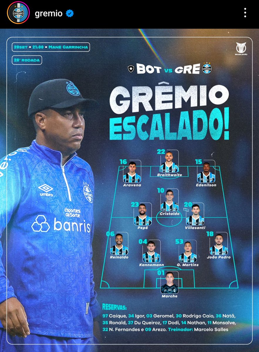#Gremio with changes!

As expected, the tatic changes with the departure of #Monsalve and the entry of a winger with the ability to recompose: #Edenilson

In addition, #Dodi leaves for #Pepe and #Soteldo is rested, #Aravena plays

9/11 posted at <a href="/Sorare_Inside/">Sorare Inside</a> and <a href="/Predictorfy/">Predictorfy</a>