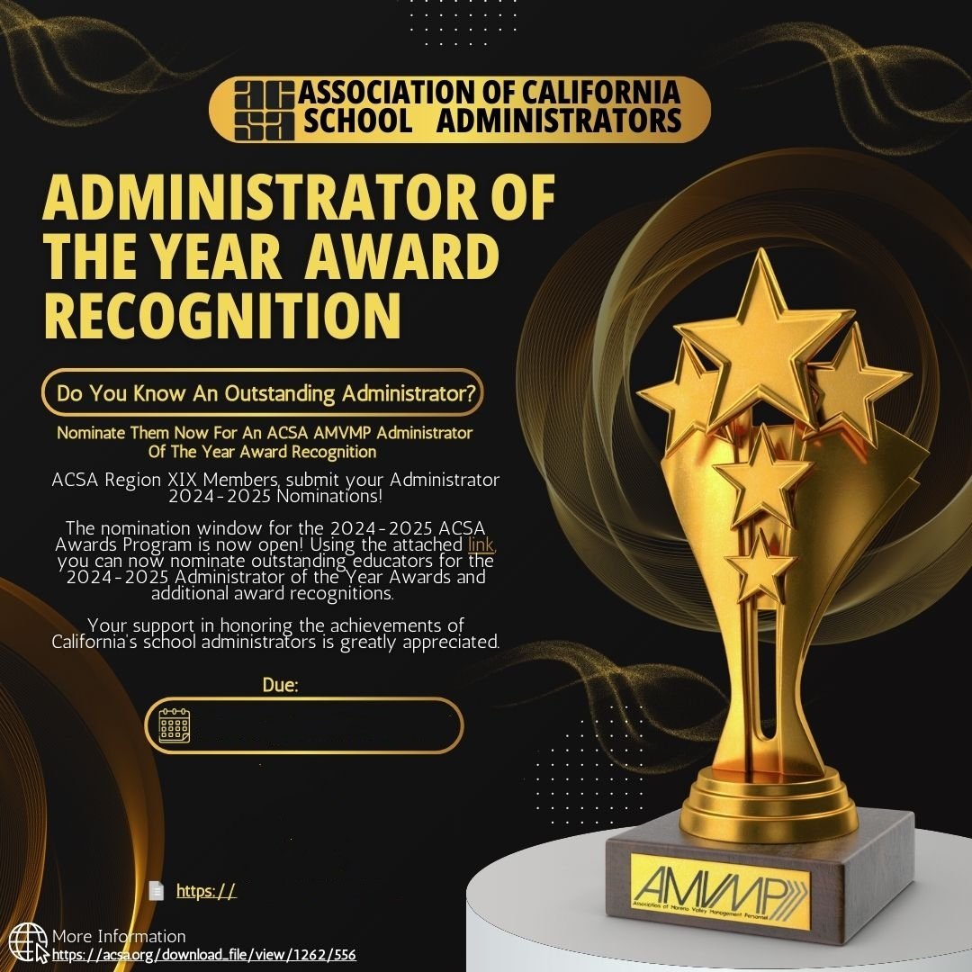 <a href="/AMVMP1/">AMVMP - Management Association of MVUSD</a> Members, dont forget to nominate fellow administrators for  this years ACSA awards !!! 🏆  See your email for details. 📨

It only  takes a few minutes  to nominate  colleagues and help recognize them for their outstanding work and dedication ... or nominate yourself 😊
