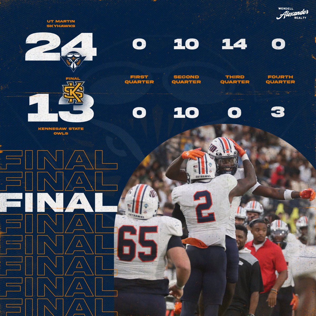 . (@ethan_reclaim) on Twitter photo ๐ช ROAD DUB ๐ช
For just the second time in school history, <a href="/UTM_FOOTBALL/">UT Martin Football</a> defeats a FBS program, upending Kennesaw State by a 24-13 margin!
#MartinMade | #StrongerTogether ๐ช ROAD DUB ๐ช
For just the second time in school history, <a href="/UTM_FOOTBALL/">UT Martin Football</a> defeats a FBS program, upending Kennesaw State by a 24-13 margin!
#MartinMade | #StrongerTogether