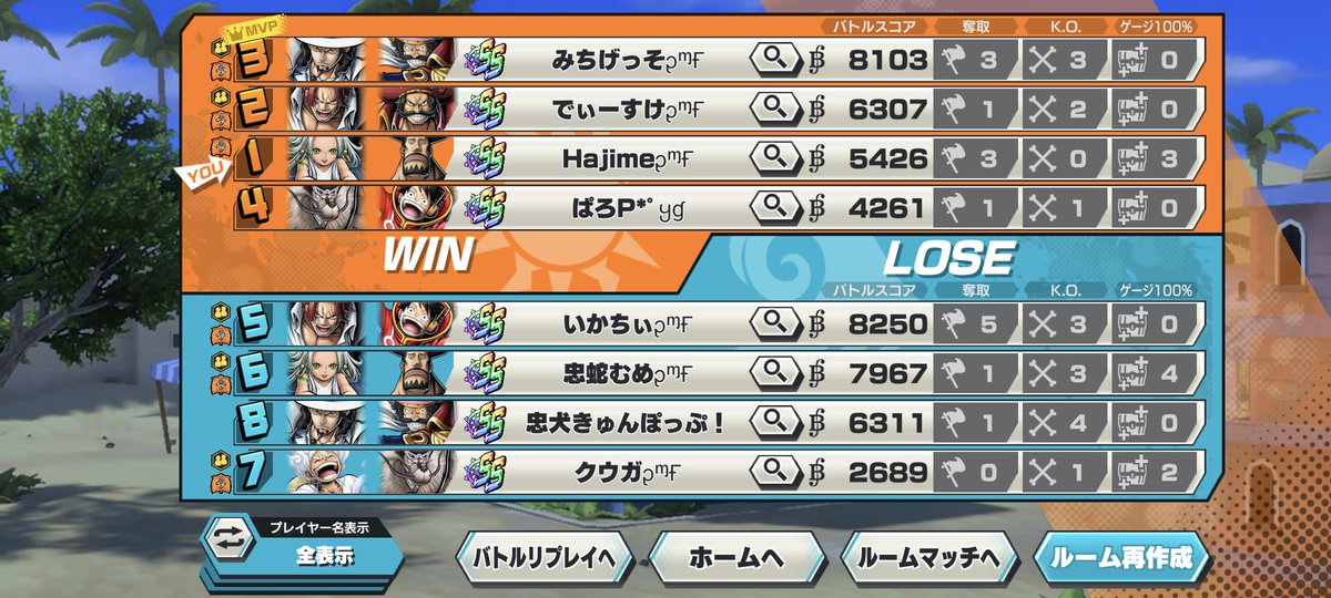 Hajime_oyazee66's tweet photo. #𝐎𝐍𝐄𝐏𝐈𝐄𝐂𝐄 #BountyRush
#ぱい美ファミリー #VictoriaP
🔥交流プラベ⚔️🔥
VictoriaPの皆さんとのシャッフル交流プラベ✨
初めてとは思えないくらい楽しくて、盛り上がったなぁ🤣
参加してくれたVictoriaPの皆さんありがとうございました🍀 https://t.co/vB2CQxIqgC