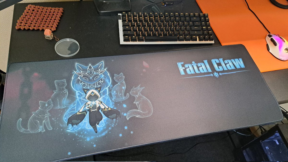 wanPDCPuJu63Oiy's tweet image. TGSフェニ男さんとアクションゲームのTA勝負したけど負けた～！
しかもゴール前で待たれてて舐めプされたしなっ！
VALOランクも筋肉量も負けてるし勝てる要素無いよ…

タイムクリアで景品もらったけど、OMGデスクマットが大きすぎるよ…

#fatalclaw