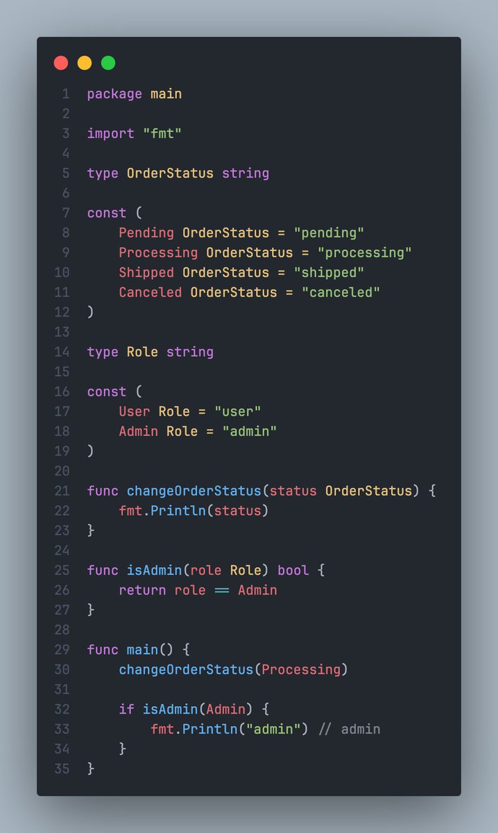 sandipkurmi0's tweet image. 🔢 Step 22: Working with enums in #Golang!
Go doesn't have built-in enums, but you can create them using `iota`:
type Status int
const (
Pending Status = iota
Active
Inactive
)
fmt.Println(Pending, Active, Inactive)
Simple and effective for constant values! #GolangLearning