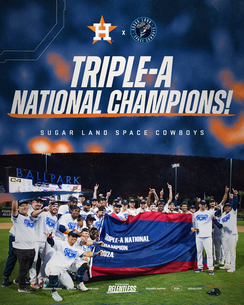 Houston Astros (@astros) on Twitter photo TRIPLE-A NATIONAL CHAMPIONS!!!!
Congratulations to the <a href="/SLSpaceCowboys/">Sugar Land Space Cowboys</a>!
#CourseSET TRIPLE-A NATIONAL CHAMPIONS!!!!
Congratulations to the <a href="/SLSpaceCowboys/">Sugar Land Space Cowboys</a>!
#CourseSET