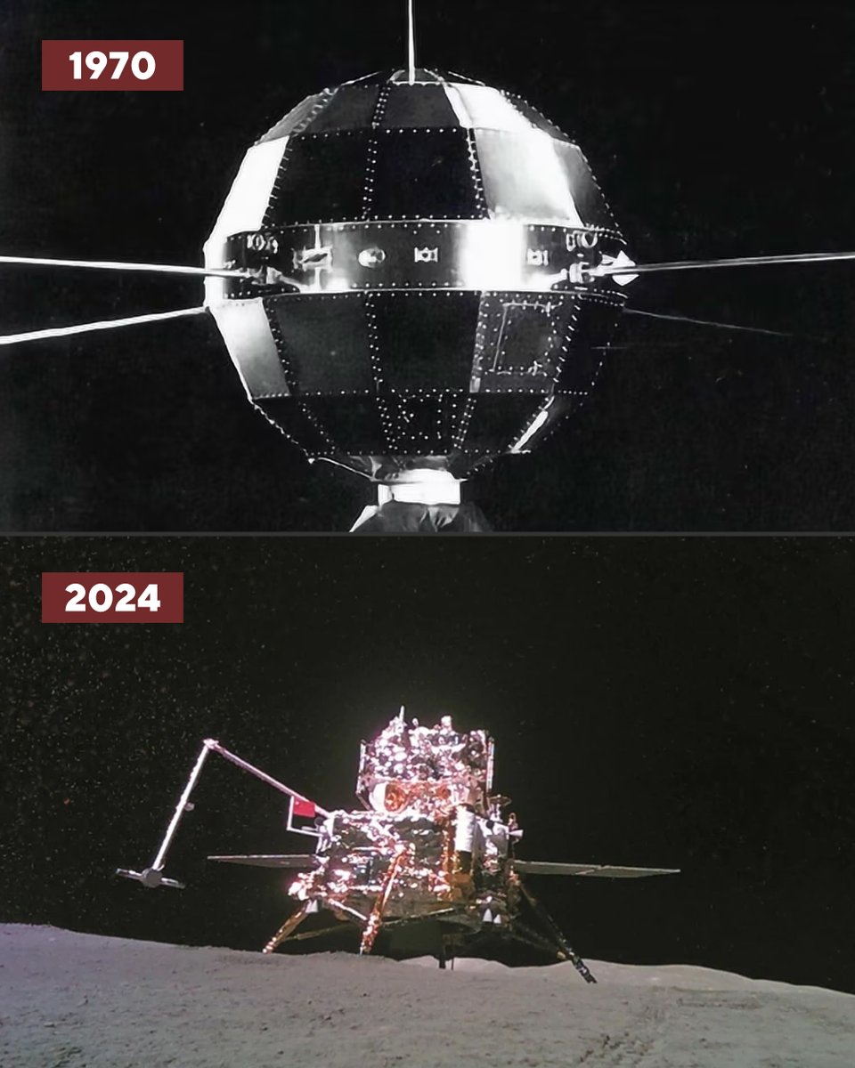SpokespersonCHN's tweet photo. Dongfanghong-1 ➡️ Chang’e-6

Upper pic: In 1970, China launched its first satellite, Dongfanghong-1.

Lower pic: In 2024, Chang’e 6 retrieved soil from the far side of the moon. https://t.co/2yoxHQAI9J
