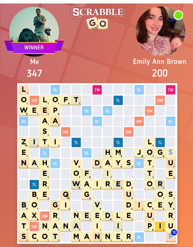 Check out my 347 - 200 Scrabble match in <a href="/ScrabbleGo/">Scrabble GO</a> s.scope.ly/lT1TACv47GA