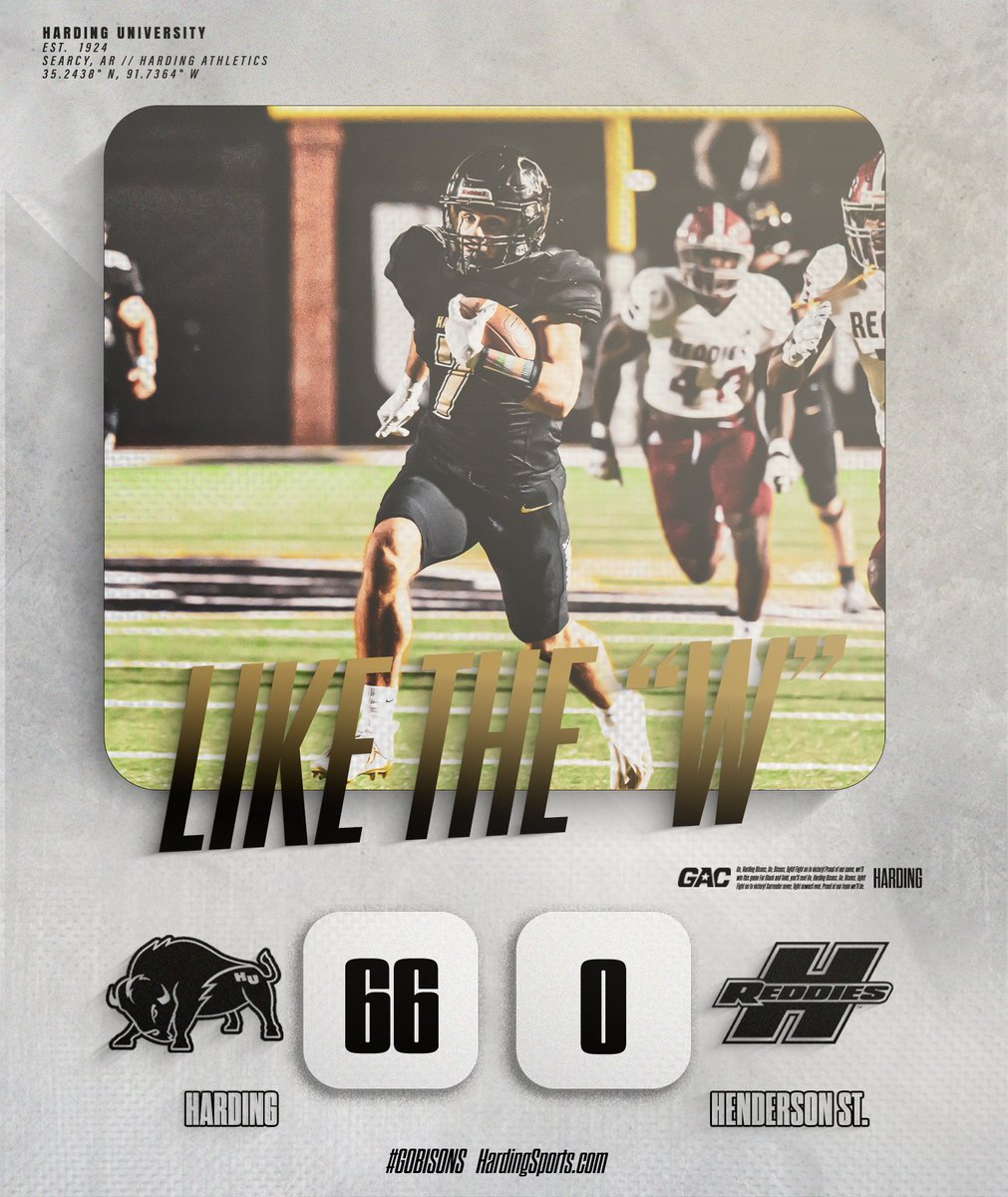 FINAL | Harding 66, Henderson State 0
#GoBisons 

Next Up: at Southwestern Oklahoma, Saturday, 7 P.M.