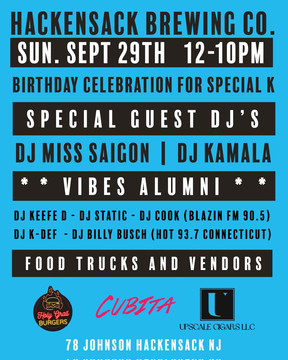 Vibes in the Garden (@vibesnthegarden) on Twitter photo Happy Birthday Special K !! Please join us at Vibes in the Garden presented by eBay curated by The Awesome 2 tomorrow Sunday September 29th at Hackensack Brewing Co. <a href="/HackensackBrew1/">Hackensack Brewing</a> <a href="/TheAwesome2com/">TheAwesome2</a> <a href="/eBay/">eBay</a> <a href="/DJKAMALA/">KAMALA</a> <a href="/djmisssaigon/">Mimi | DJ Miss Saigon</a> <a href="/DJBillyBusch/">Billy Busch</a> <a href="/DJKDEF/">K___ DEF</a> <a href="/Teddytedd/">Teddy Tedd Whiting</a> Happy Birthday Special K !! Please join us at Vibes in the Garden presented by eBay curated by The Awesome 2 tomorrow Sunday September 29th at Hackensack Brewing Co. <a href="/HackensackBrew1/">Hackensack Brewing</a> <a href="/TheAwesome2com/">TheAwesome2</a> <a href="/eBay/">eBay</a> <a href="/DJKAMALA/">KAMALA</a> <a href="/djmisssaigon/">Mimi | DJ Miss Saigon</a> <a href="/DJBillyBusch/">Billy Busch</a> <a href="/DJKDEF/">K___ DEF</a> <a href="/Teddytedd/">Teddy Tedd Whiting</a>