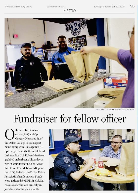Dallas College Officer Robert Guerra and Cpl. Gregory Norwood participated in the Assist the Officer Fundraiser to support Dallas Police Senior Cpl. Karissa David, who was critically injured in a shooting last month. Thank you for showing your support for our sister in blue.
