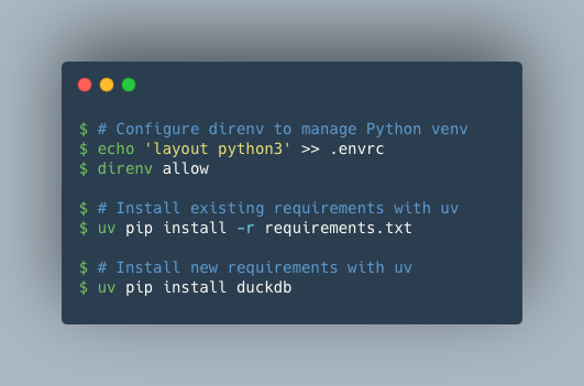 Making Python virtual envs fun again with direnv and uv.