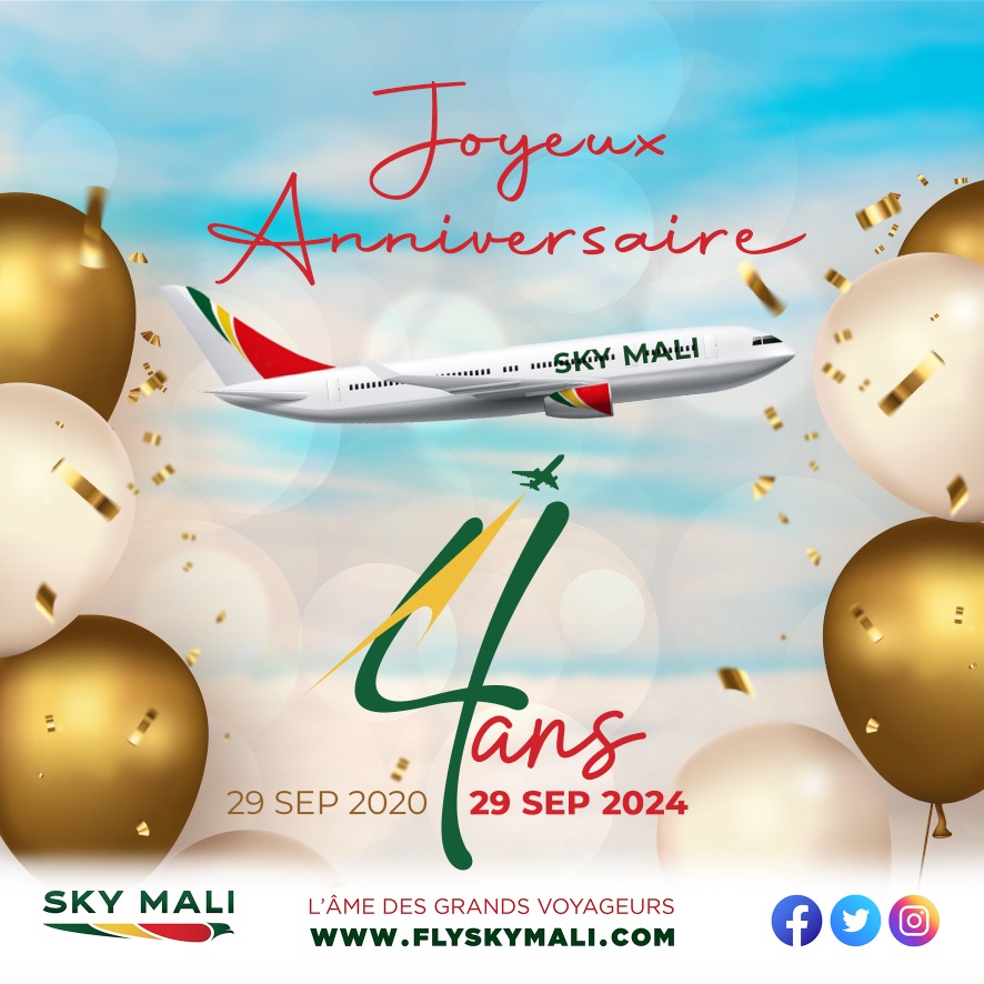 FlySkyMali's tweet photo. 29 septembre 2020 - 29 septembre 2024
@FlySkyMali✈️ fête son 4ème anniversaire. Nous tenons à remercier tous les membres de notre équipe pour leur dévouement, ainsi que nos clients pour leur confiance. Avec vous ! Pour vous !
#SkyMali
#lacompagniequinousrapproche
#An4 https://t.co/XZ5Z2mgGt7