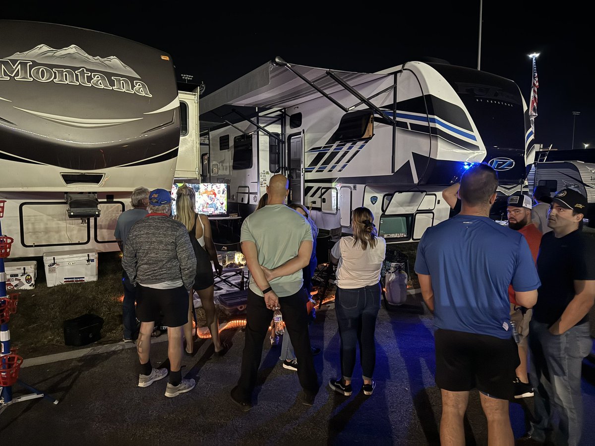 CMCorum's tweet photo. Nothing says #NASCAR infield camping like the crowd watching this game! #kansasspeedway https://t.co/VpVuKtg4lc
