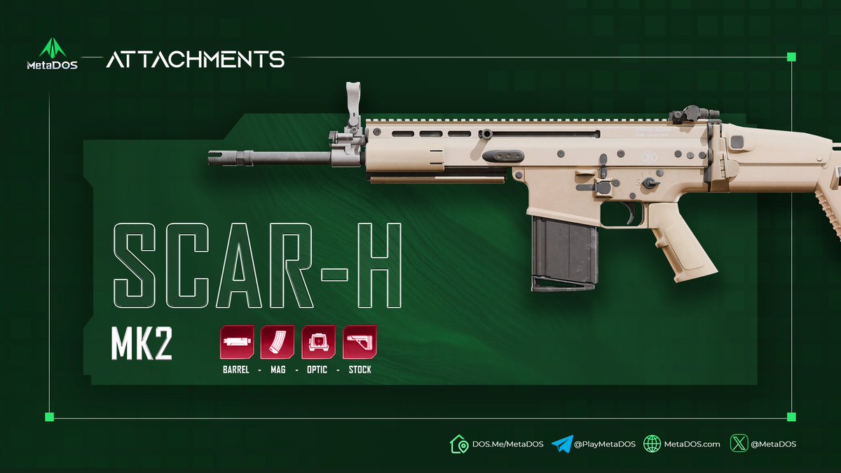 SCAR-H MK2 𝗔𝗧𝗧𝗔𝗖𝗛𝗠𝗘𝗡𝗧𝗦 🚀🚀🚀 

💥The SCAR-H in MetaDOS is a versatile assault rifle that strikes a good balance between damage, accuracy, and stability.   

🔥It has a moderate fire rate and performs well at medium to long ranges.  

💎For the SCAR-H, you can enhance