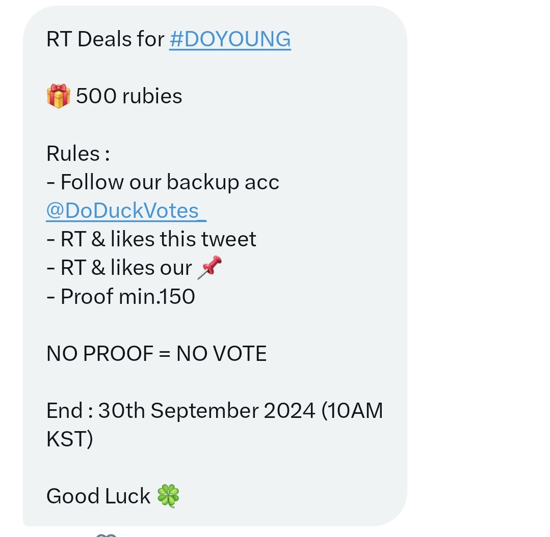 RT Deals for #DOYOUNG

🎁 500 rubies

Rules :
- Follow our backup acc <a href="/DoDuckVotes_/">DDV Backup | seller mubeat idolchamp ssx kingdom</a>
- RT &amp; likes this tweet
- RT &amp; likes 📌 <a href="/DoDuckVotes2/">DDV 2 | seller mubeat idolchamp mcountdown</a>
- Proof min.150

NO PROOF = NO VOTE

End : 30th September 2024 (10AM KST)

Good Luck 🍀