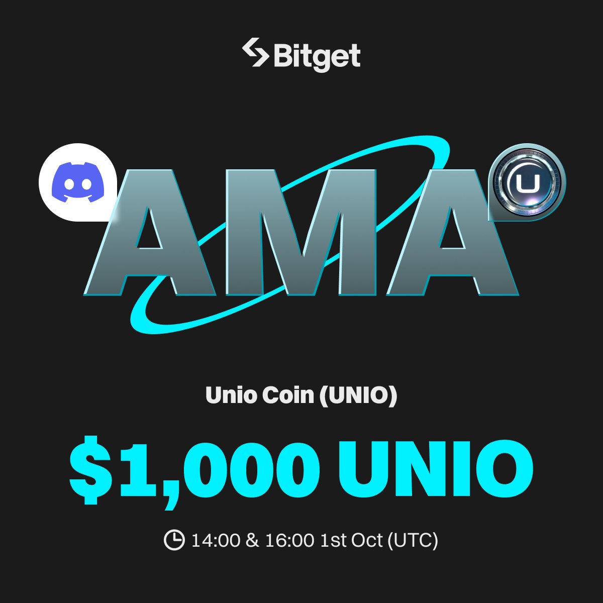 bitget's tweet photo. Join #Bitget's AMA with @theunioverse!

📍Bitget Discord &amp; Unioverse Discord
⏰Oct 1st, 14:00 &amp; 16:00 (UTC)

💰Join now for participation rewards
➡️ https://t.co/GZfHmD1UyO

🎉Dive into details of Unio Coin and stand a chance to share in a $1,000 worth of $UNIO prize pool! https://t.co/MU9q21tD7d