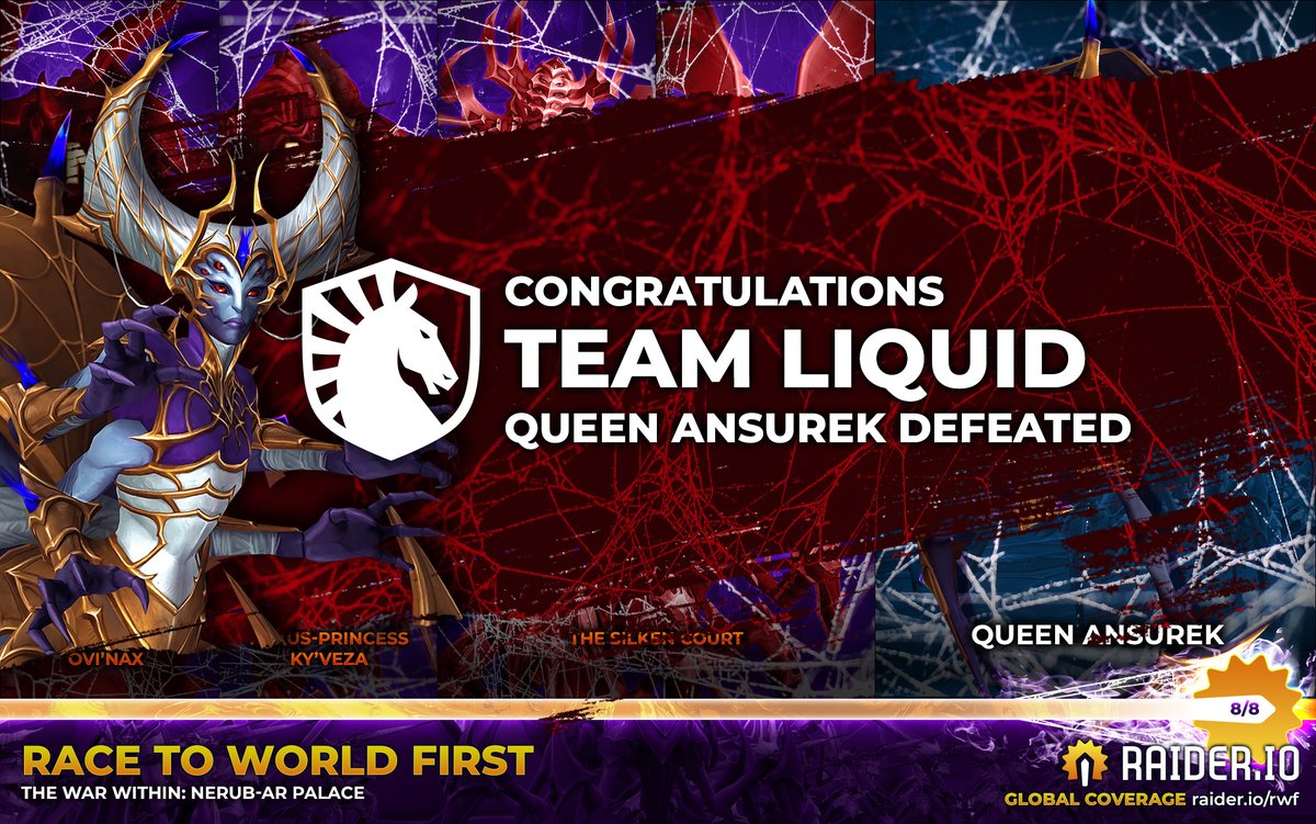 LIQUID HAS DONE IT!

Congratulations to <a href="/LiquidGuild/">Liquid Guild</a> on WORLD FIRST MYTHIC QUEEN ANSUREK!

Amazing play from Liquid this tier - an absolute treat to watch!

GGs!

📜 raider.io/rwf
#rwf #warcraft