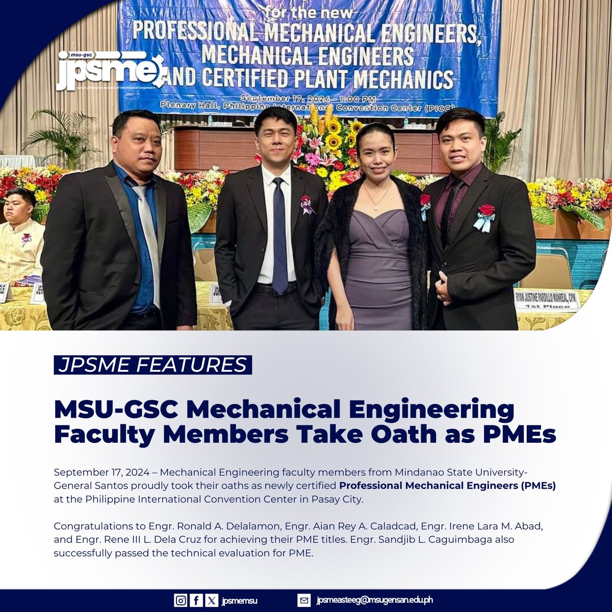 JPSMEMSU's tweet photo. MSU GSC Mechanical Engineering faculty members Engr. Delalamon, Engr. Caladcad, Engr. Abad, and Engr. Dela Cruz took their oaths as PMEs. Congrats also to Engr. Caguimbaga for passing the technical evaluation! https://t.co/bWYA5ko1Dk