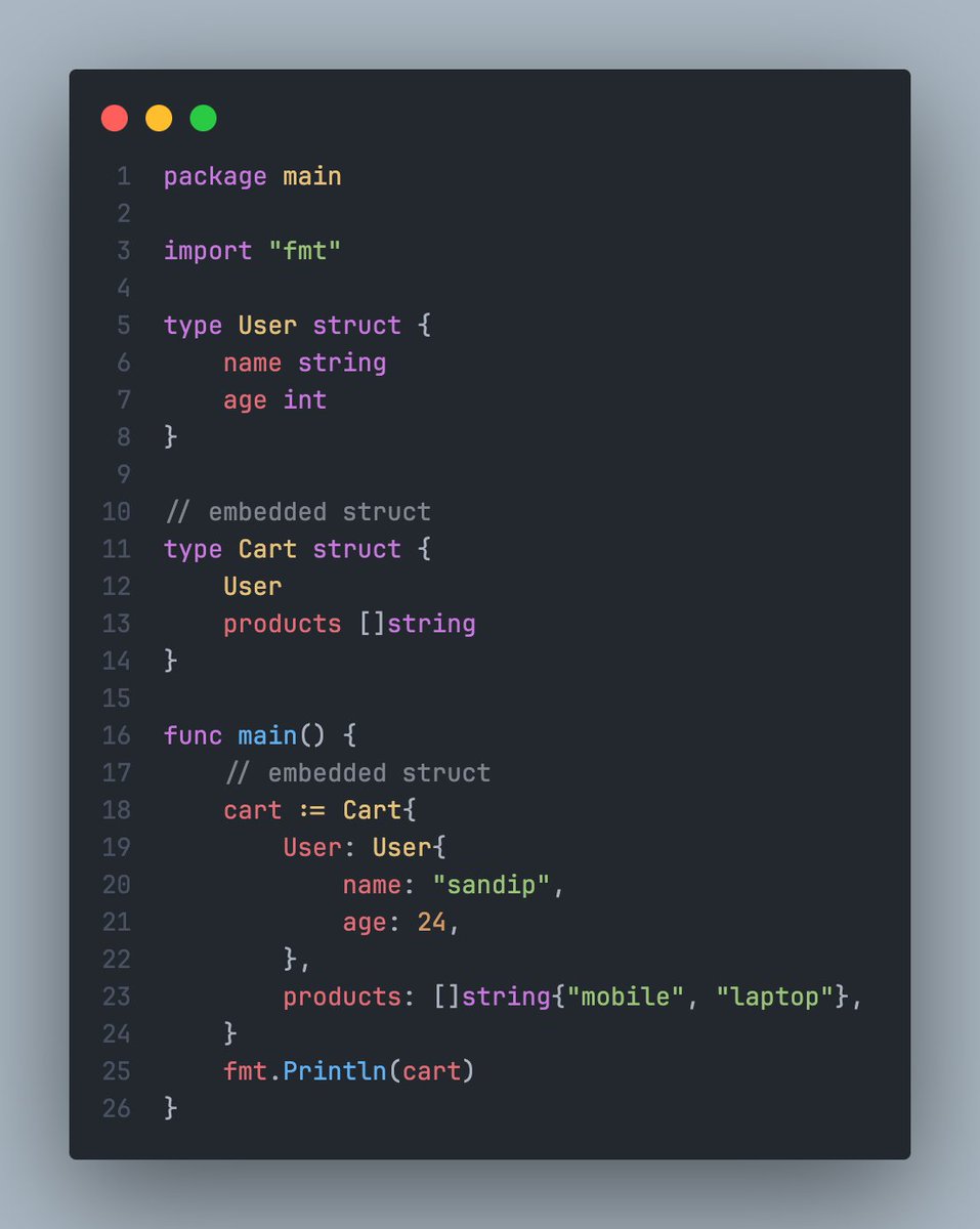 sandipkurmi0's tweet image. 🔗 Step 20: Learning struct embedding in #Golang!
Embed structs to reuse fields:
A neat way to compose structs! 🚀 #GoLang #GolangLearning #100DaysOfCode #DevJourney #StructEmbedding