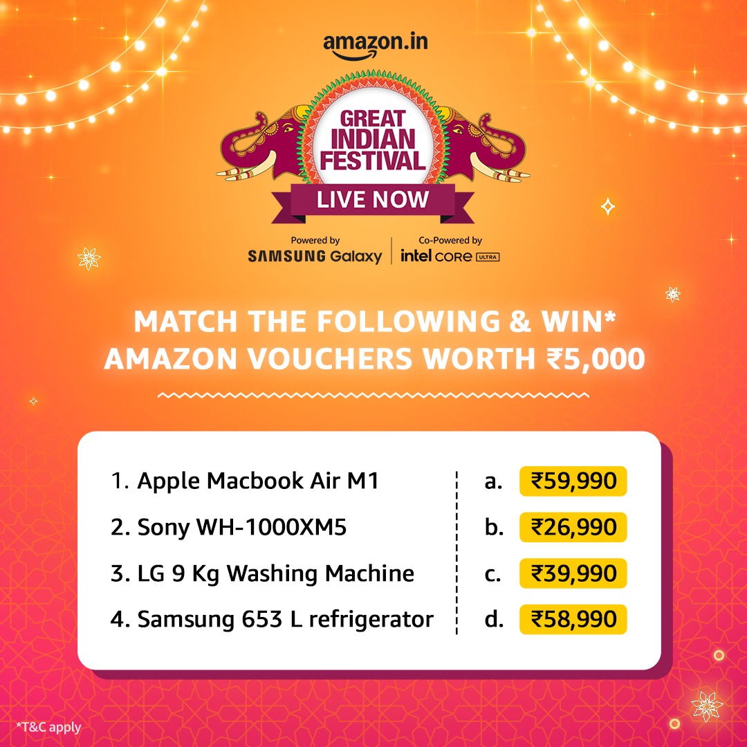 #ContestAlert
Match your favourite picks with its right price and share it with us in the comments. Don’t forget to tag @AmazonIN, use #TaiyaariKaTyohaar &amp; #AmazonGreatIndianFestival, and challenge 3 friends to play along.

#AmazonGreatIndianFestival #TaiyaariKaTyohaar #AGIF