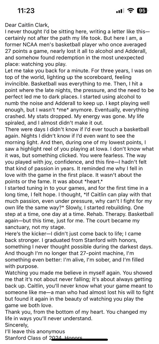 I just seen this on Facebook and I’m sobbing my eyes out. There is inspiration and hope to fight back from unexpected places. Caitlin Clark you are inspiring and changing so many lives for the better. Thank you for all that you do. <a href="/CaitlinClark22/">Caitlin Clark</a> 🫶🏻