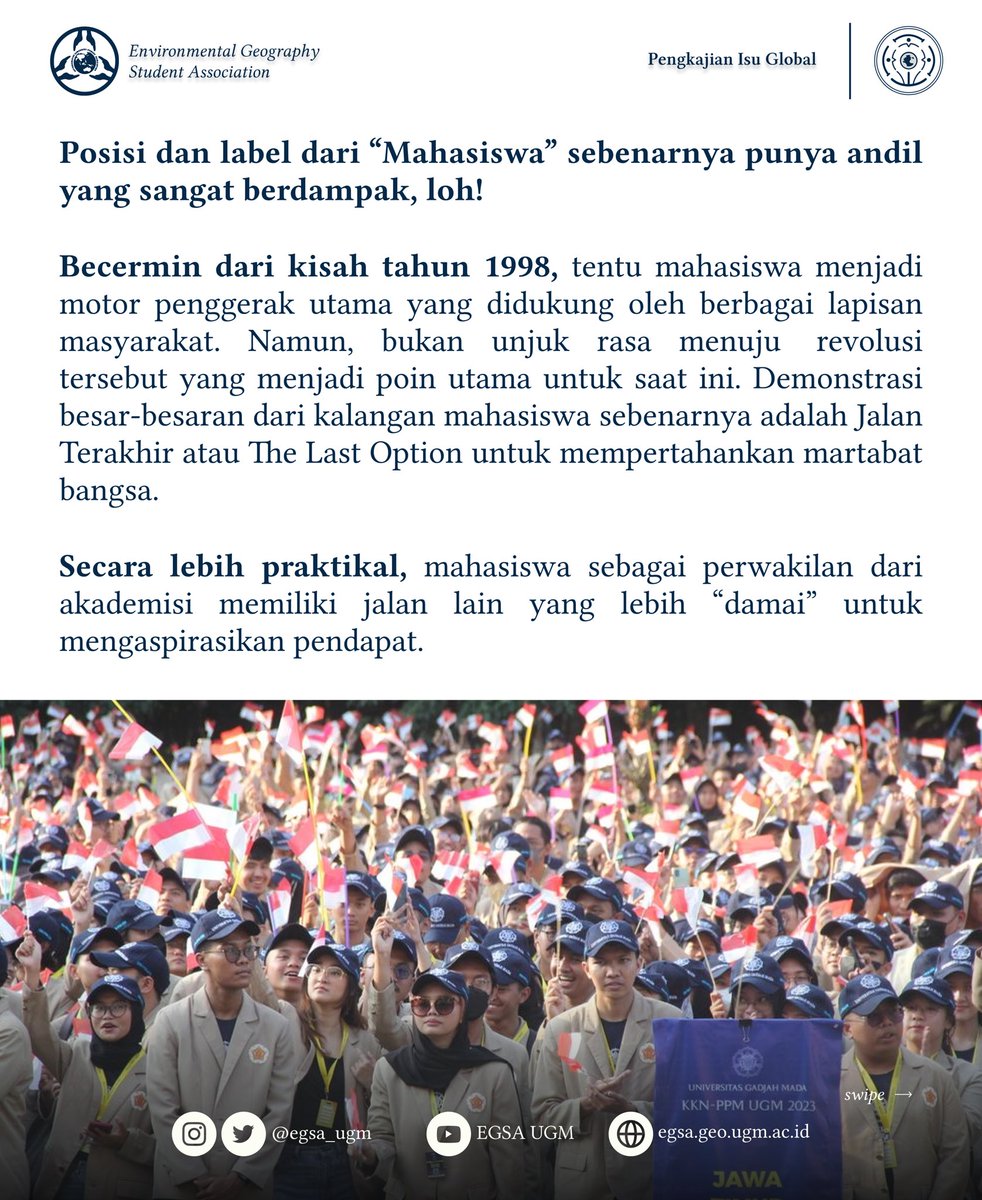 EGSA_UGM's tweet photo. [DISKUSI EKSTERNAL]

Halo, Sedulur EGSA!

Mahasiswa dinilai sebagai agen perubahan paling luar biasa untuk mempertahankan martabat bangsa! 

Simak postingan ini untuk info menarik lainnya. 

#PIG
#KabinetBhumiwara
#EGSA20242025
#EGSA https://t.co/Vtcvxdjt4Y