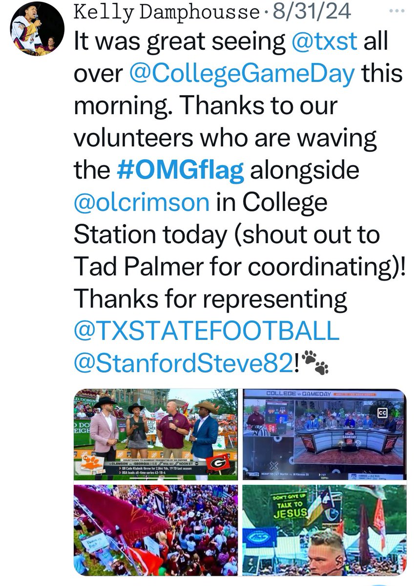 kdamp's tweet photo. Ok, we need to find an @txstatealumni in the Bay Area to wave @OMGFlag at Berkeley next Saturday! Hit me up if you’re interested in becoming @CollegeGameDay famous by representing @txst!🐾⭐️🇳🇵 https://t.co/a7JXueBALb