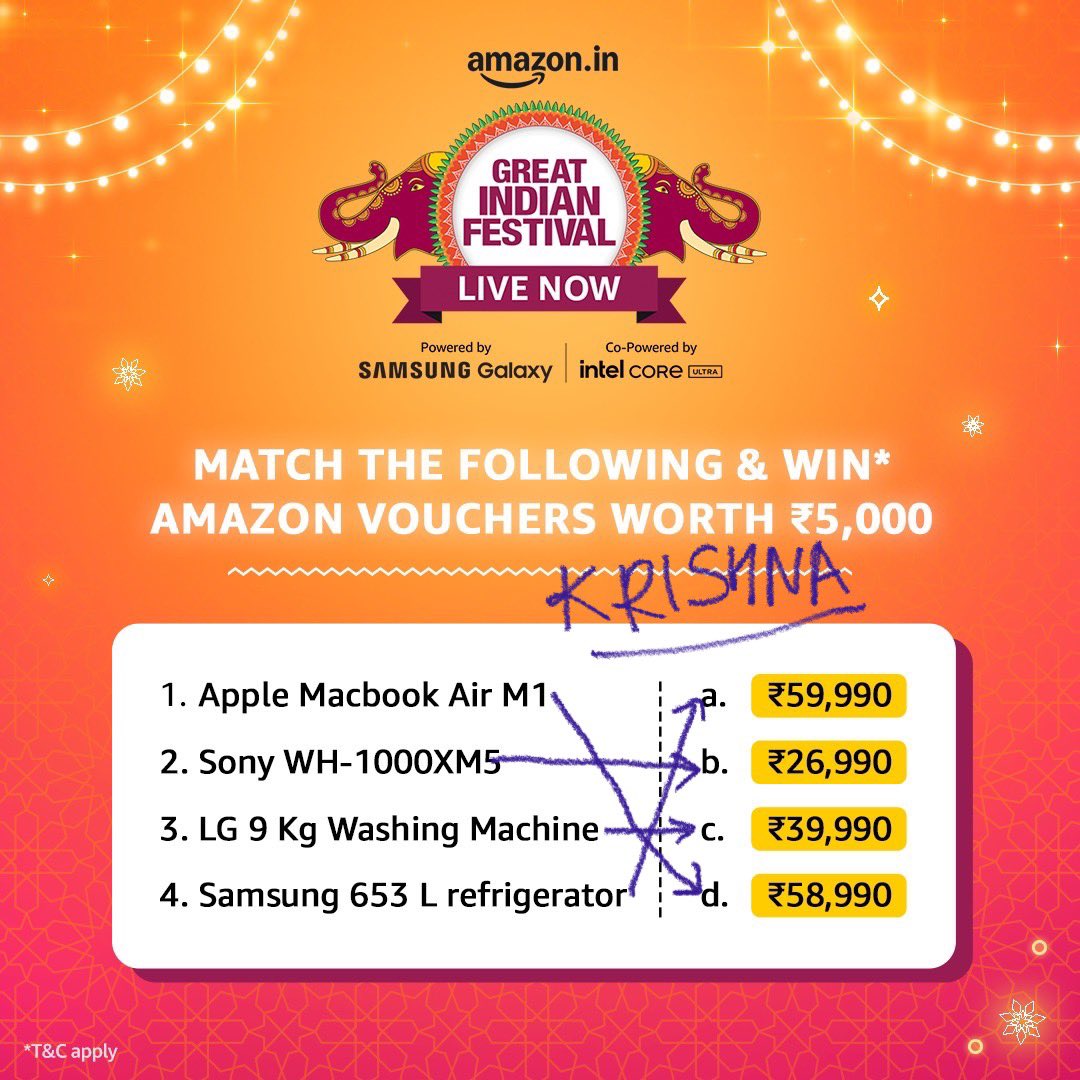 Krishna Manjrekar (@krish23jr) on Twitter photo <a href="/amazonIN/">Amazon India</a> 1) Apple MacBook Air M1 - d. ₹58,990
2) Sony WH-1000XM5. - b. ₹26,990
3) LG 9 Kg Washing Machine- c. ₹39,990
4) Samsung 653 L refrigerator- a. ₹59,990
<a href="/amazonIN/">Amazon India</a>
#TaiyaariKaTyohaar
#AmazonGreatIndianFestival
#TGIF
<a href="/VaishaliMaisur2/">Vaishali Maisuria</a>
<a href="/mahekdara12/">~MahekDarda~🦋</a>
<a href="/AhujaSakshi13/">Sakshi Ahuja</a> <a href="/amazonIN/">Amazon India</a> 1) Apple MacBook Air M1 - d. ₹58,990
2) Sony WH-1000XM5. - b. ₹26,990
3) LG 9 Kg Washing Machine- c. ₹39,990
4) Samsung 653 L refrigerator- a. ₹59,990
<a href="/amazonIN/">Amazon India</a>
#TaiyaariKaTyohaar
#AmazonGreatIndianFestival
#TGIF
<a href="/VaishaliMaisur2/">Vaishali Maisuria</a>
<a href="/mahekdara12/">~MahekDarda~🦋</a>
<a href="/AhujaSakshi13/">Sakshi Ahuja</a>
