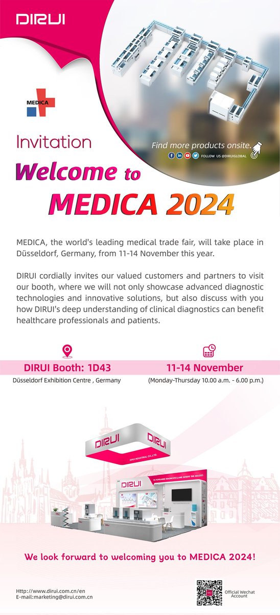 DiruiGlobal's tweet photo. DIRUI is excited to announce that we will be attending #MEDICA 2024 in Düsseldorf📍 from 📅 November 11-14 #Urinalysis #Immunoassay #ClinicalChemistry #Hematology
#LabAutomation
DIRUI Booth: 1D43 
 Düsseldorf Exhibition Center
We look forward to your coming! https://t.co/Qm8PAnqsIV