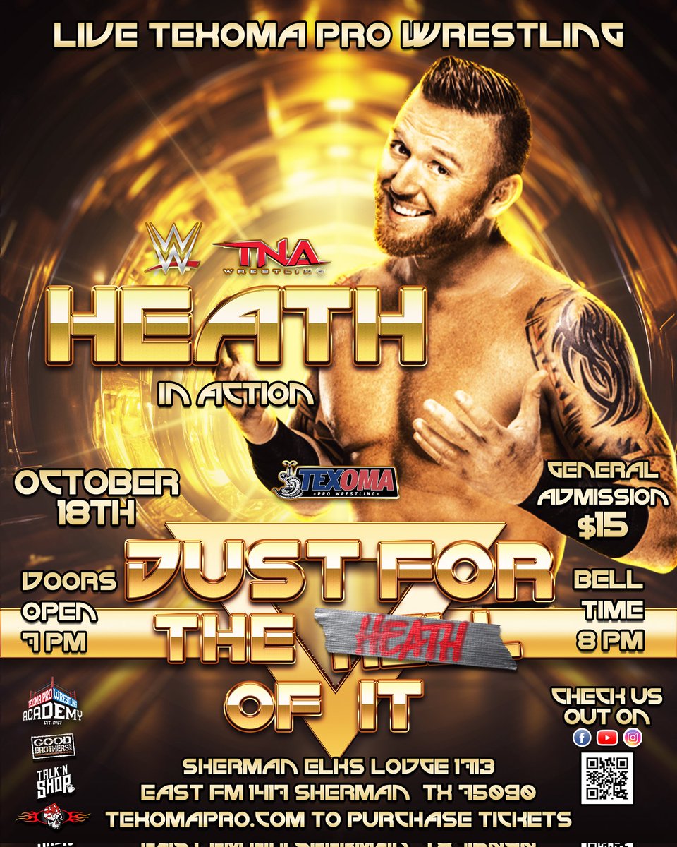 Come see an action packed event where EVERY title is on the line! Also see Former #WWE and current #TNAiMPACT star Heath!
🔔 Friday, October 18th
🔔 Sherman Elks
🔔 Doors open at 7pm, Bell rings at 8pm
🔔 $15 per ticket.