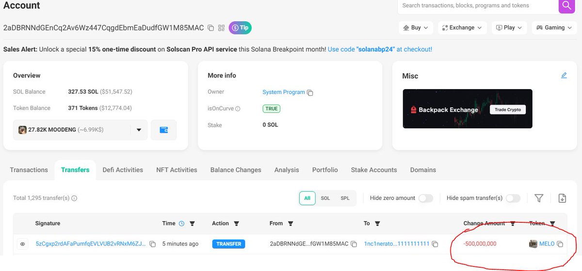 PinkyndTheGainz's tweet photo. woah. @BillyM2k was sent ~80% of the supply of this $MELO deployed on solana. he just burnt 50%. and yes it really is his wallet, you can find it as the sol 'tip' address on his site

7vgnnnNk8T1JJw1eN5XX5MK8N2DgCk3fg54oQd68pump https://t.co/KdsyaZEFsd