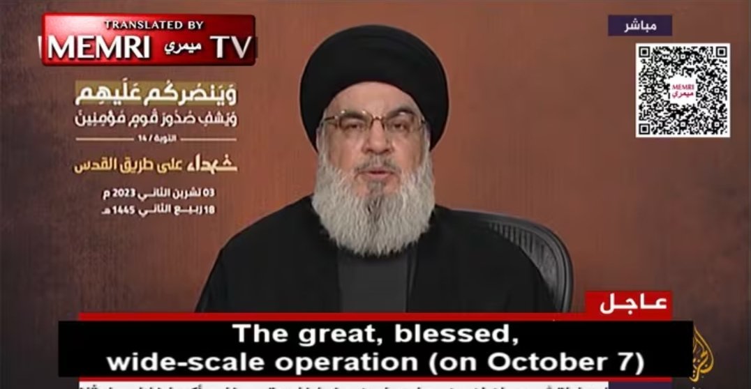 chalavyishmael's tweet photo. Nasrallah: "The great, blessed, wide- scale operation on October 7th..."

The NYT: "Nasrallah would have objected to the October 7th attack"

Rewriting the words of a mass murderer to arouse Western sympathy is not a new low by the NYT.

It's something they do every single day.