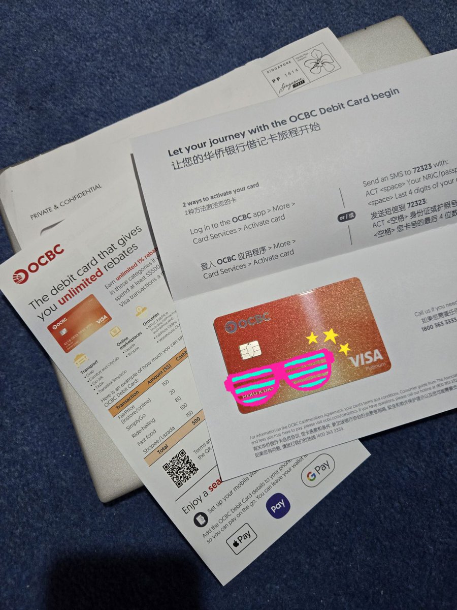 herada's tweet photo. Akhirnya Kartu Debit OCBC Singapore sampai dan siap digunakan.
Sekarang tinggal nabung buat keperluan2 di Singapore nanti.
Initial deposit $1000 maks 30 hari sejak rekening terbentuk (untuk validasi).
Sudah bisa Google Wallet dan Apple Pay. 
#OCBCSingapore #Applepay #Googlewallet https://t.co/9Gu0qoOsGI