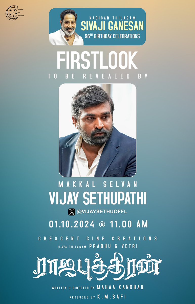 Crescent Cine Creations (@crescine24) on Twitter photo Crescent Cine Creations’s Rajaputhiran first look is yet to be released by our very own Makkal Selvan <a href="/VijaySethuOffl/">VijaySethupathi</a> on 01/10/2024 by 11:00A.M. In the 96th birthday of our beloved Nadigar Thilagam Sivaji Ganesan. Stay Tuned. Crescent Cine Creations’s Rajaputhiran first look is yet to be released by our very own Makkal Selvan <a href="/VijaySethuOffl/">VijaySethupathi</a> on 01/10/2024 by 11:00A.M. In the 96th birthday of our beloved Nadigar Thilagam Sivaji Ganesan. Stay Tuned.