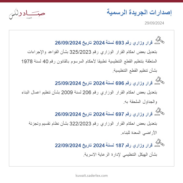 SADERLexKuwait's tweet photo. اصدارات الجريدة الرسمية العدد 1706/2024 تاريخ 29/09/2024 #SADER1863 #SADERLexKuwait #LawsOfKuwait #KuwaitLaws #OfficialGazette1706 #كويت_اليوم #اصدارات #قوانين_الكويت #جريدة_رسمية_1706 https://t.co/fl6tUCCdSd