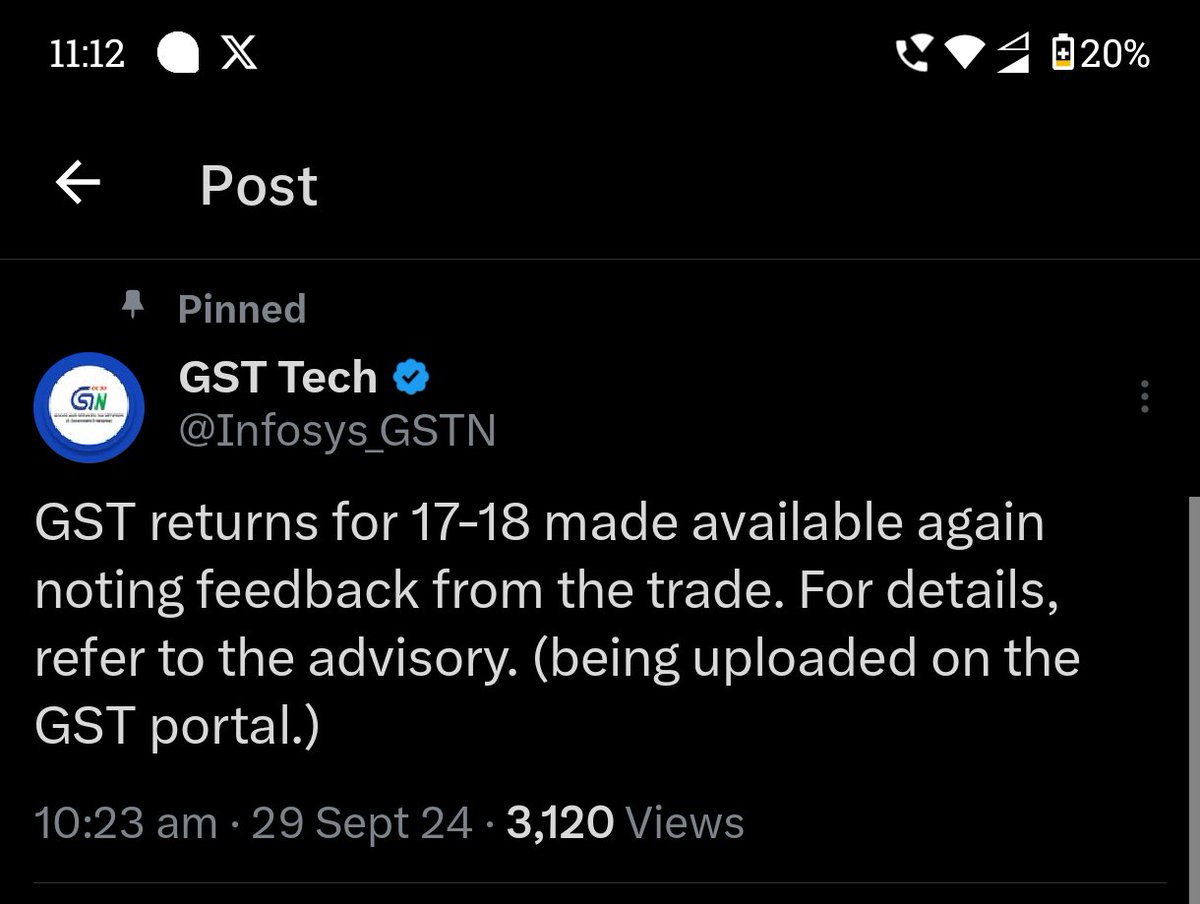 GST returns for 17-18 made available again noting feedback from the trade. For details, refer to the advisory. (being uploaded on the GST portal.)

#gst #tax #gstcornor