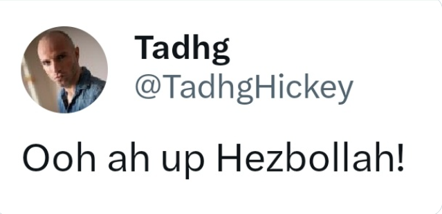Ah poor Tadhg I wonder how he feels now after Israel has literally destroyed the beating heart of the Hezbollah leadership, not to mention the ingenious pager explosions, oh the pain Tadhg the pain of it😀