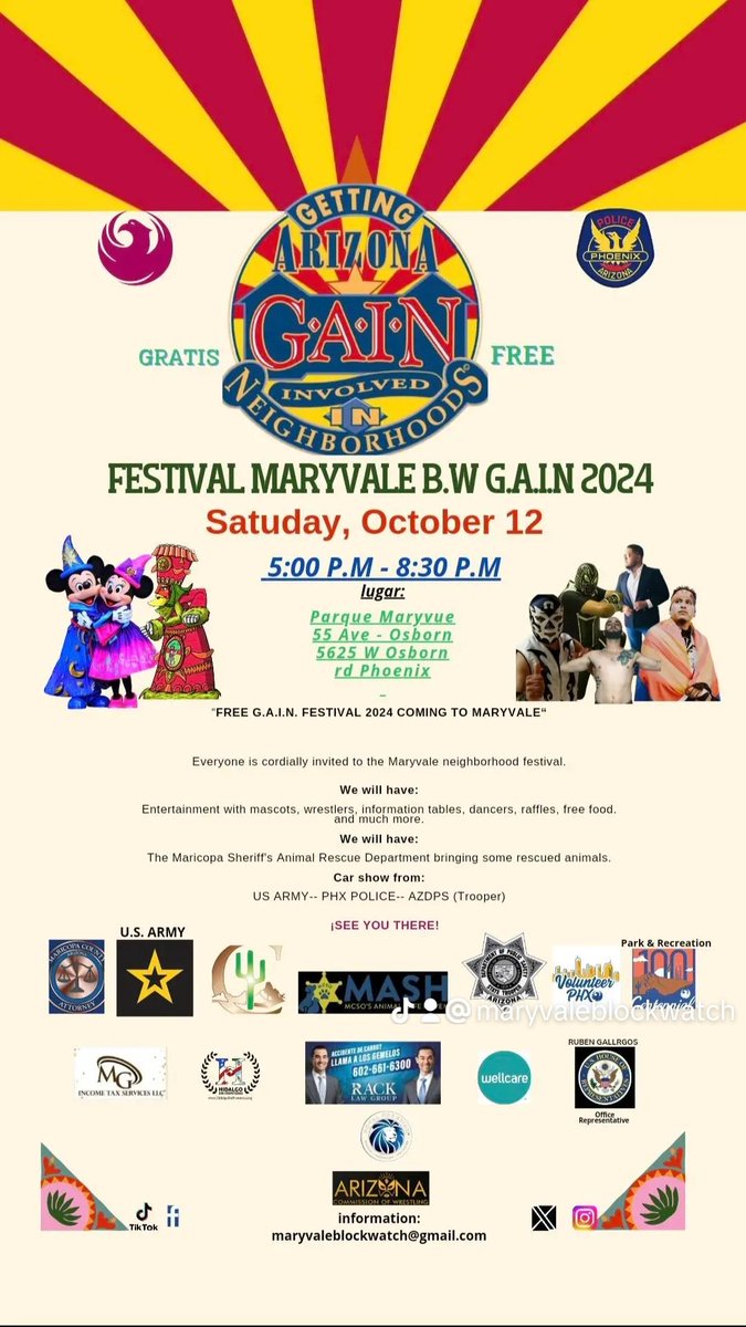 OsborBlockWatch's tweet image. "Free festival in Maryvale neighborhood!
Day: Saturday, October 12th 
Time: 5:30 Pm
Were: Marivue Park 
55 Ave &amp;amp; Osborn 
See you then!👋

#festivals #USA #ArmyNavy #phoenix #AZ #family #folllow #police #CommunityEngagement #maryvale #block #watch #EntertainmentNews