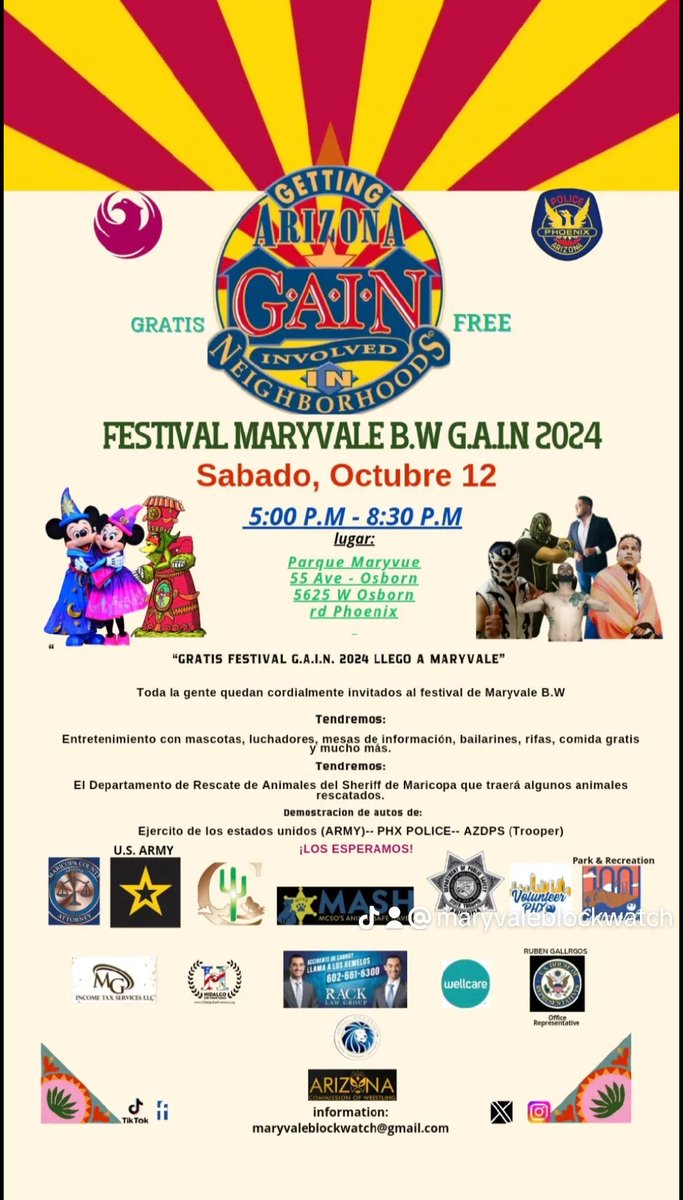 OsborBlockWatch's tweet image. "Free festival in Maryvale neighborhood!
Day: Saturday, October 12th 
Time: 5:30 Pm
Were: Marivue Park 
55 Ave &amp;amp; Osborn 
See you then!👋

#festivals #USA #ArmyNavy #phoenix #AZ #family #folllow #police #CommunityEngagement #maryvale #block #watch #EntertainmentNews
