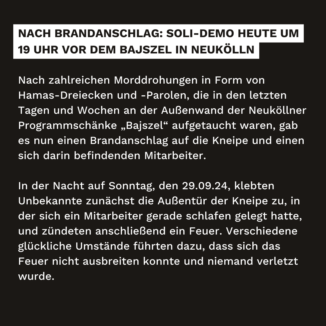 gfkb_2022's tweet photo. Nach Brandanschlag und mutmaßlichem Mordversuch:

Heute um 19 Uhr am Bajszel in Neukölln! https://t.co/gkNhsn1miP
