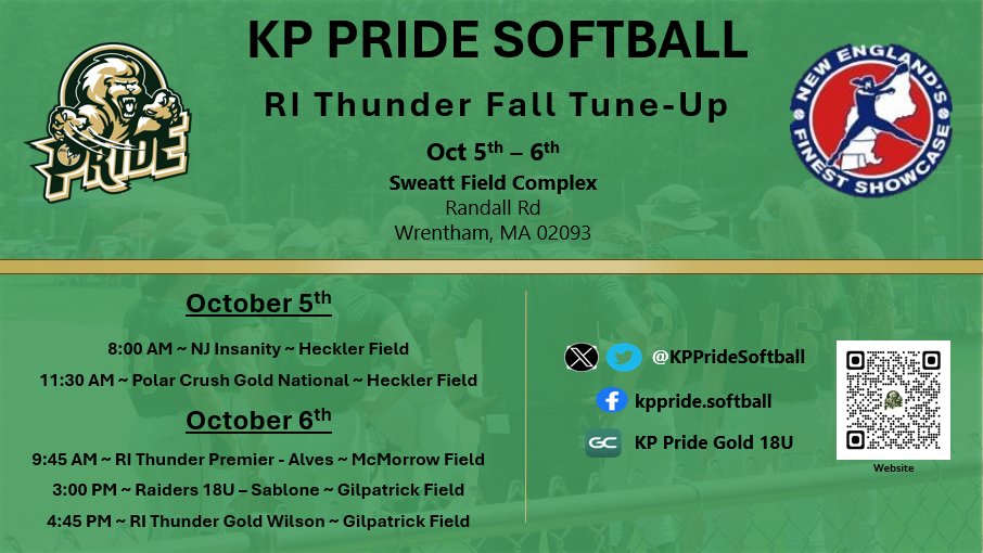 🥎Exciting News! 🥎 

KP Pride 18U Gold is thrilled to announce our New England's Fall Tune-Up Schedule!   

Check out our action-packed schedule below ⬇️⬇️ and mark your calendars for some thrilling softball action! 💪