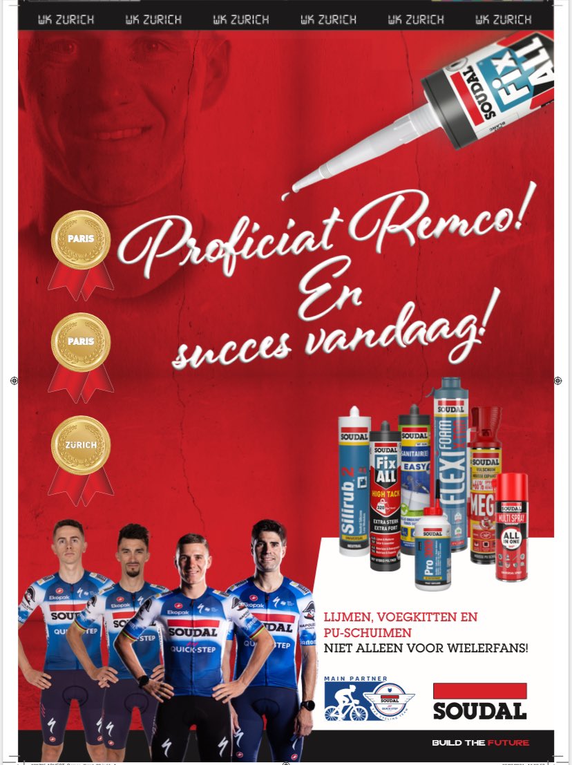 Heel mooie aanmoediging van Soudal, sponsor van <a href="/soudalquickstep/">Soudal Quick-Step Pro Cycling Team</a>, in <a href="/DeZondag/">De Zondag</a> vandaag om <a href="/EvenepoelRemco/">Remco Evenepoel</a> succes te wensen op het WK in Zürich. #zondag # Zürich2024 #WK <a href="/BELCyclingTeam/">Belgian Cycling Team</a> <a href="/BELCycling/">Belgian Cycling</a> #TopTopical
