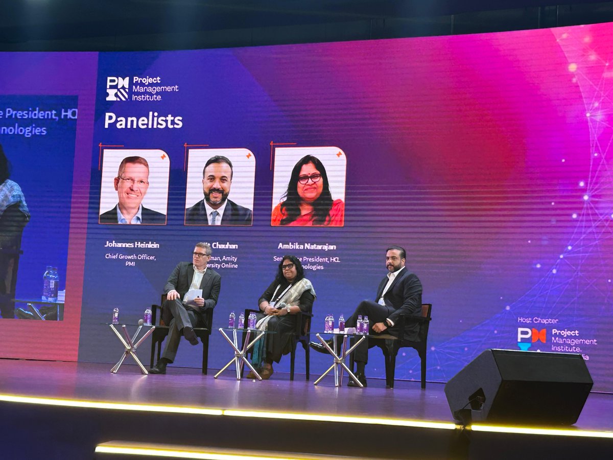 🌟 Day2: Panel Discussion at PMSAC24 🌟
 We had an insightful panel discussion titled “Bridging Skills for Future Success”
 
 Ambika Natarajan, SVP, HCLTech
 Ajit Chauhan, Chairman, Amity University Online
The session moderated by Johannes Heinlein, Chief Growth Officer, PMI.