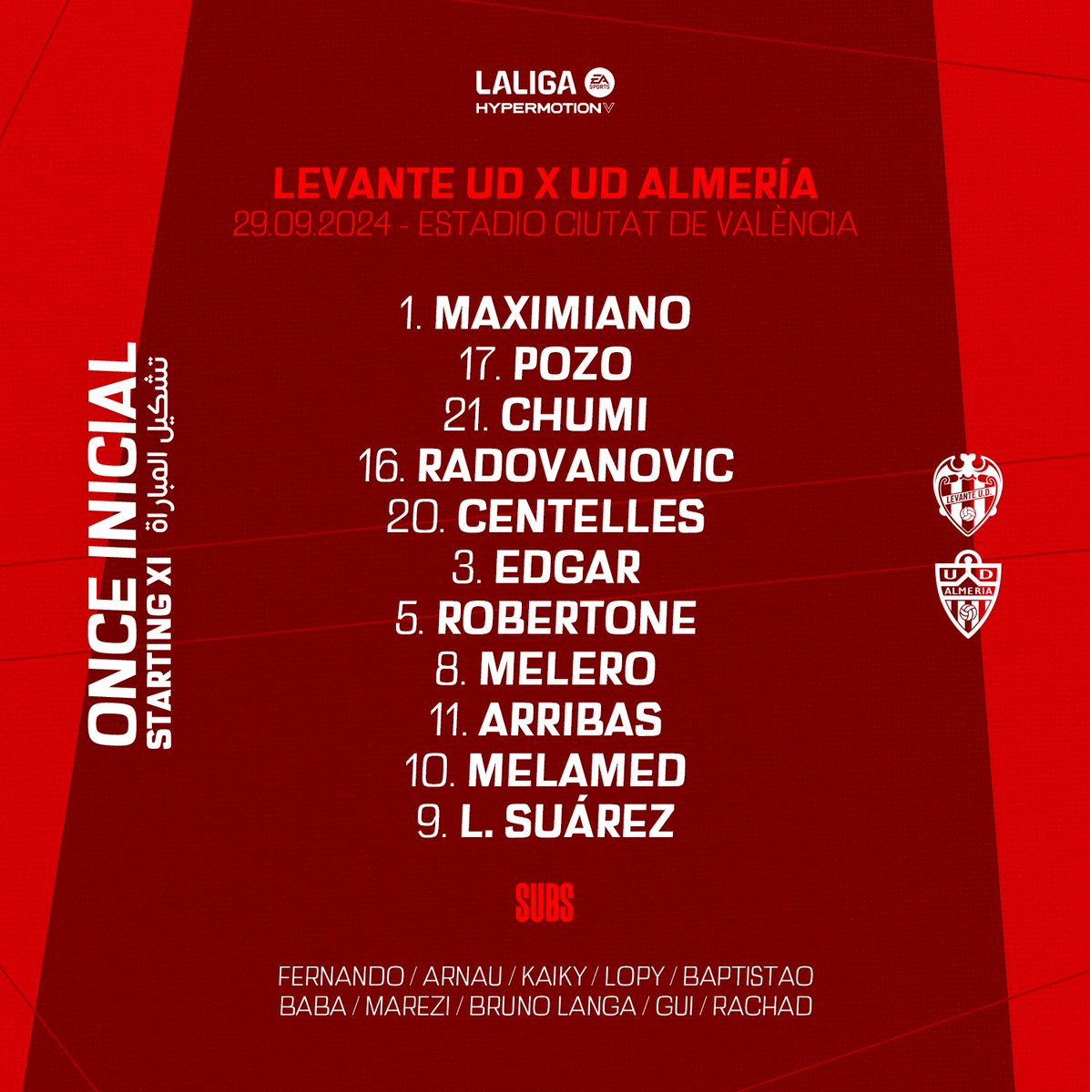 U_D_Almeria's tweet image. 📋 ¡Así salimos en el partido de hoy!

#VamosAlmería | #LevanteAlmería | #UDARadio