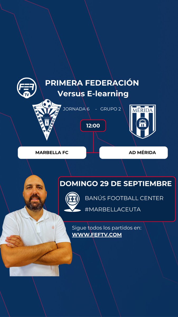 🎙  Mañana de fútbol de <a href="/Primera_RFEF/">Primera Federación Versus e-Learning</a> 

🤝  Gracias a <a href="/apdeportivosmlg/">APDM</a>, <a href="/AtmBroadcast/">AtmBroadcast</a> y <a href="/fef_tv/">FEF_TV</a> nos volvemos a asomar a una competición apasionante 

📅  Jornada 6 - Grupo 2 
⚔️  <a href="/marbella_fc/">Marbella FC</a>  🆚️  <a href="/Merida_AD/">A.D. Mérida</a>
⏰️  12h
🗣  Junto a <a href="/JoseCriadoOpi/">José Criado Jiménez</a>

🙌  ¡Os esperamos!