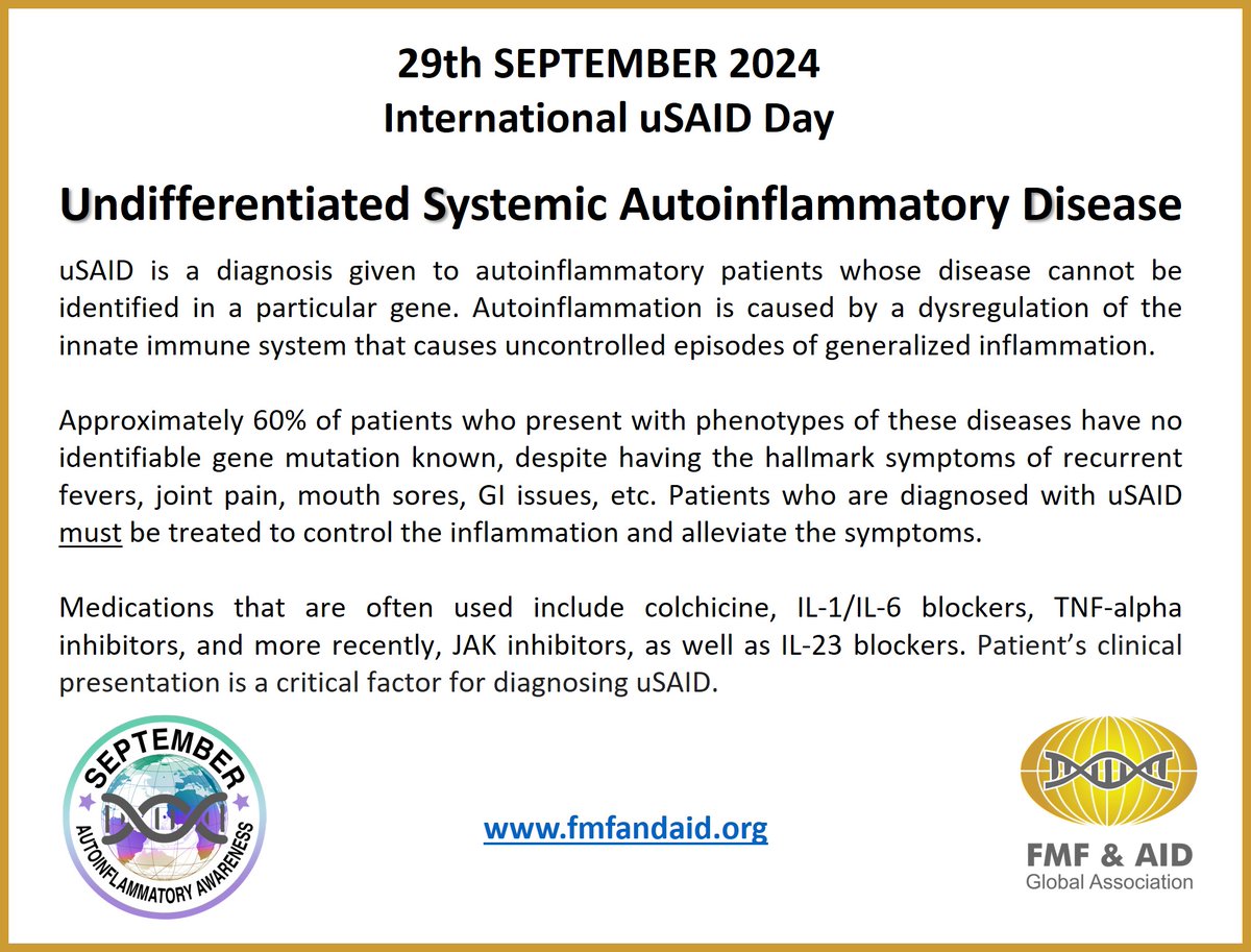 🧬 Understanding uSAID: Undifferentiated Systemic Autoinflammatory Disease 🧬
uSAID is a complex condition that must be treated. It can be an overwhelming journey for patients and their families. Awareness and early recognition are key to managing this rare disease.