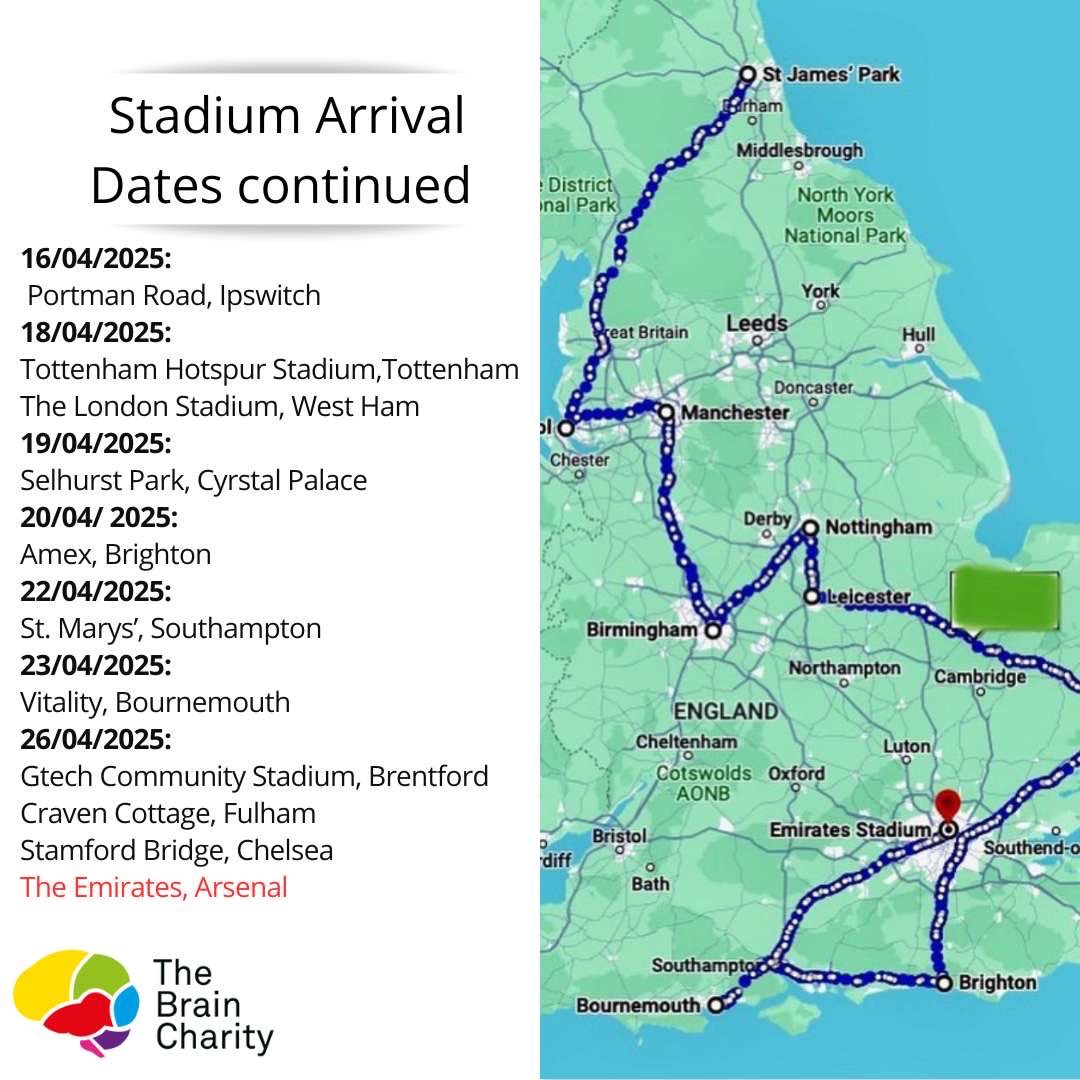 Here are the intended stadium arrival dates in April 2025. It would be fantastic to see some of you along the way.
Thank you for all the ongoing support.
#thestadiumtour #premierleague #run #fundraising #thebraincharity