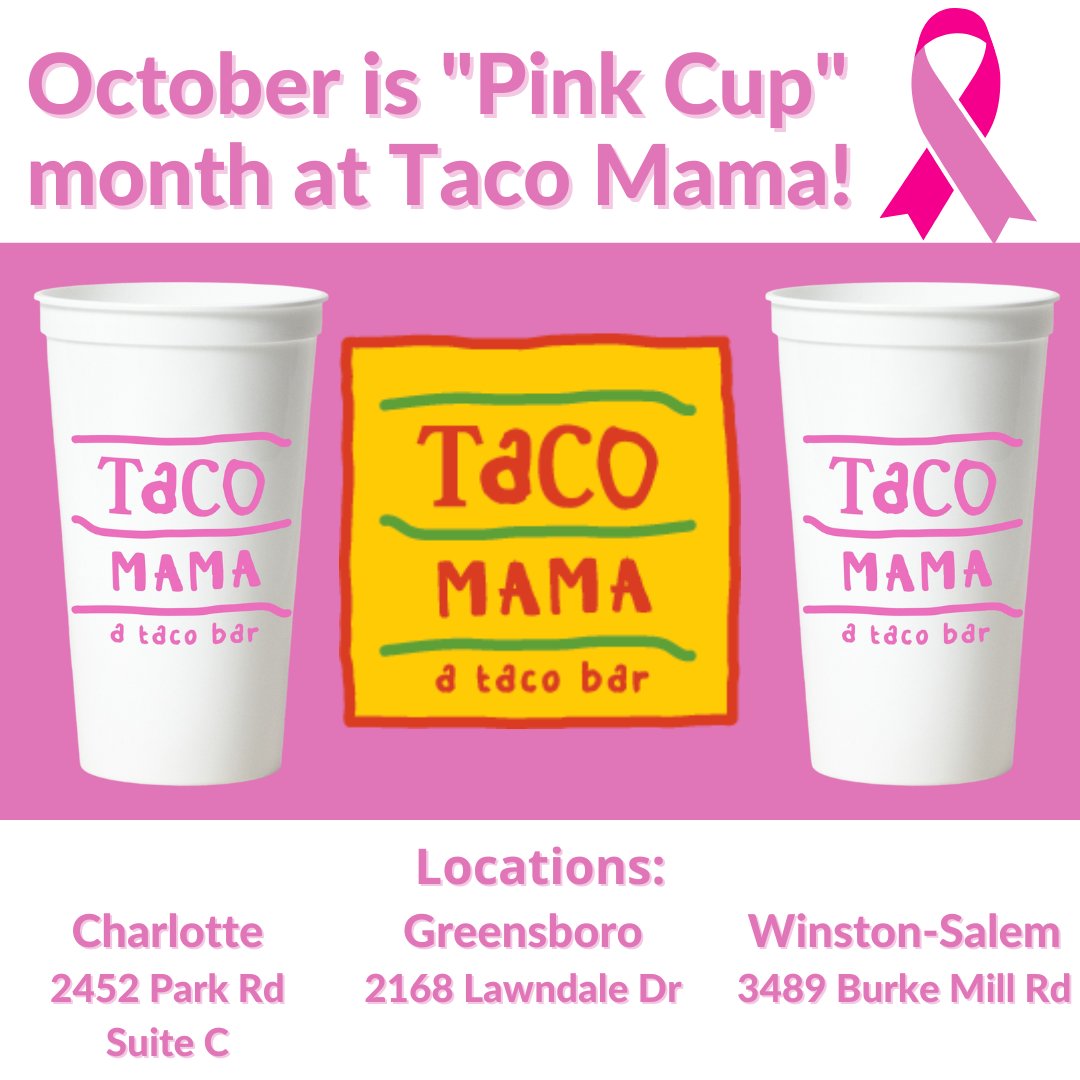 It's almost October, which means it is "Pink Cup" month at Taco Mama! If you purchase one of these cups, a portion of the proceeds will go to Pretty In Pink Foundation! All NC locations are participating...cheers to making a difference! 

#PinkCupmonth #TacoMama #PrettyInPink