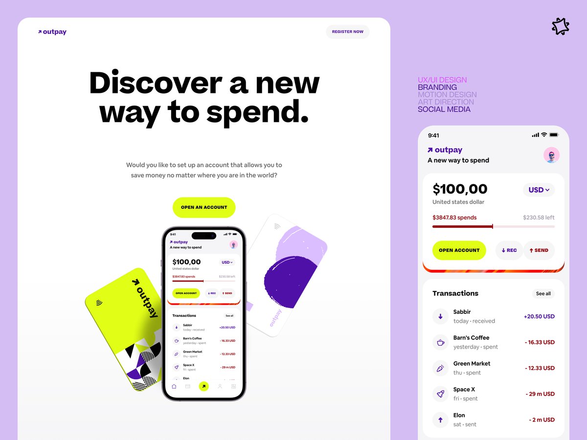resimplstudio's tweet photo. Meet Outpay! Your go-to tool for tracking expenses, setting budgets, and monitoring savings goals in real time.

Our redesign focuses on:

➡️Visual Identity  
➡️Improved User Experience  
➡️User Empowerment  
➡️Consistent Branding  

Behance Link! https://t.co/jLRfGbjd7H https://t.co/Ho1w9UJXmP