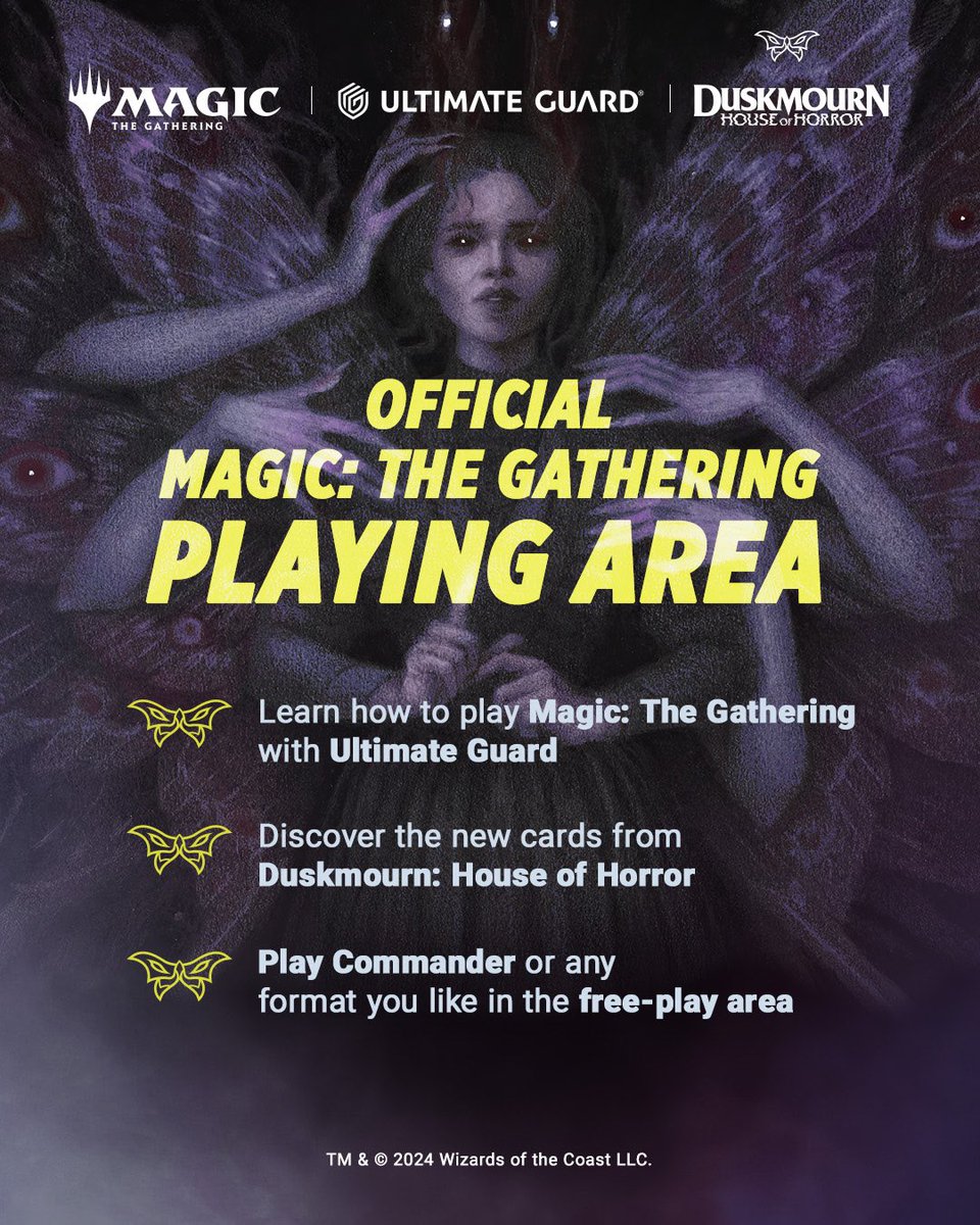 UltimateGuard's tweet image. Join us at #SPIEL2024 in the Ultimate Guard Freeplay area for #MTGDuskmourn, packed with eerie spirits, terrifying monsters, and spine-chilling strategy. 😱💀
Those who dare can learn Magic: The Gathering &amp;amp; get a goodie, or play a game of Commander! Don't miss the haunted fun.